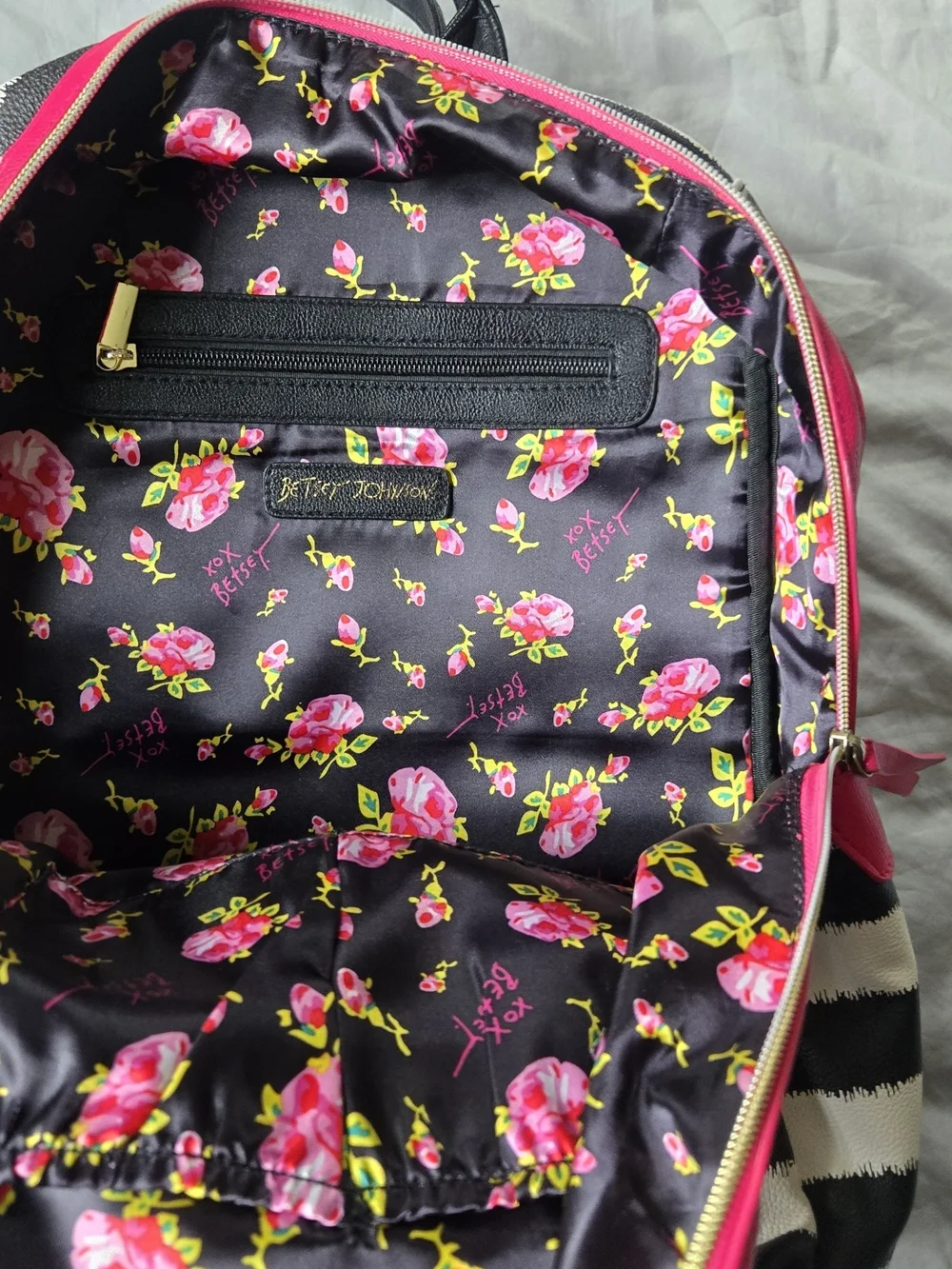 Betsey Johnson Rotary Phone Stripe Backpack with Hot Pink Trim Rose Interior